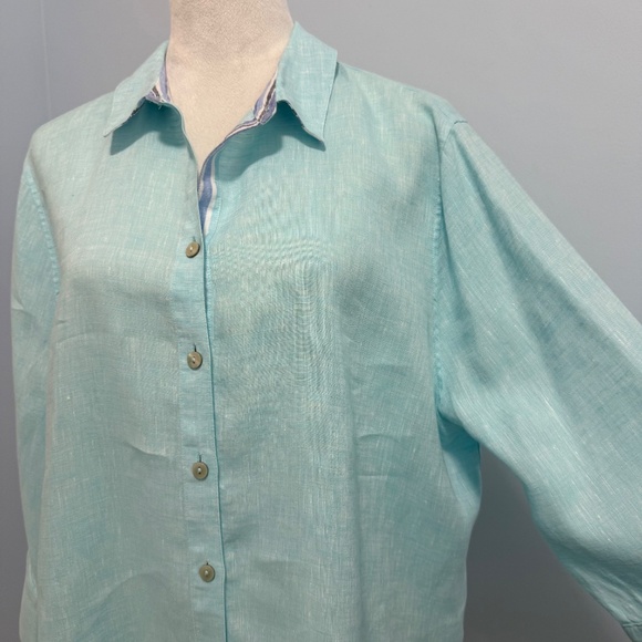 Chicos 3 No Iron 3/4 Sleeve 100% Linen Blue Blouse Size 16 - Picture 3 of 8